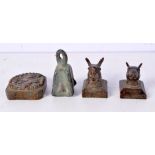 A collection of Chinese bronze seals together with a bronze Opium weight largest 5 cm (4).