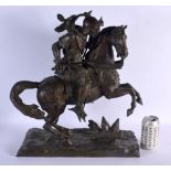 A LARGE 19TH CENTURY EUROPEAN BRONZE FIGURE OF A SOLDIER ON HORSEBACK modelled rearing. 48 cm x 32 c