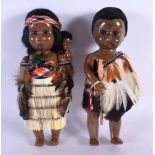 A PAIR OF UNUSUAL NEW ZEALAND MAORI DOLLS. 16 cm high.