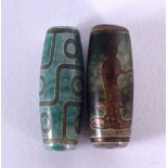 TWO CHINESE TIBETAN AGATE ZHU BEADS. 4 cm long. (2)