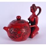 A CHINESE RED LACQUER EROTIC TEAPOT AND COVER 20th Century. 20 cm x 15 cm.