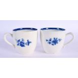 18th c. Caughley pair of coffee cups of uncommon shape with kick handle terminus painted with Salopi