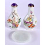 A PAIR OF 19TH CENTURY CHINESE FAMILLE ROSE PORCELAIN SNUFF BOTTLES with amethyst and silver stopper