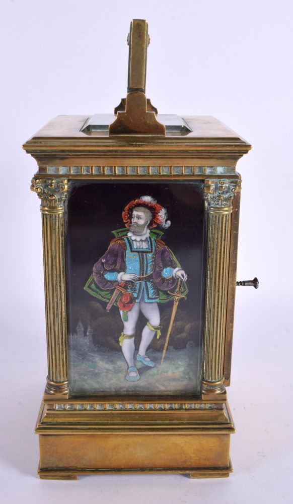 A FINE 19TH CENTURY FRENCH LIMOGES ENAMEL CARRIAGE CLOCK painted with figures and motifs. 21 cm x 10 - Image 4 of 6