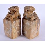 A PAIR OF EARLY 20TH CENTURY CHINESE CARVED SOAPSTONE SEALS Late Qing/Republic. 14 cm x 6 cm.
