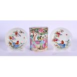 A RARE PAIR OF 18TH CENTURY CHINESE EXPORT SAUCERS Qianlong, painted with monkeys, together with a C