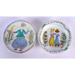 A PAIR OF TURKISH MIDDLE EASTERN KUTAHYA FAIENCE FIGURAL PLATES. 13 cm diameter.