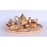 A ROYAL WORCESTER ARTIST PORCELAIN FRUIT PAINTED TEASET upon its matching tray. Tray 21 cm x 15 cm.