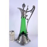 A FINE LARGE ART NOUVEAU WMF PEWTER AND GREEN GLASS EWER decorated with maidens. 40 cm x 15 cm.