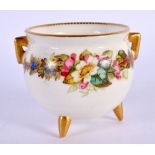 Royal Worcester two handled vase with three feet vase painted with a band of flowers by Geo. Hundley