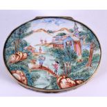 A VERY RARE 18TH CENTURY CHINESE EXPORT ENAMEL OVAL PILL BOX Qianlong, painted with figures in lands