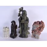 THREE LATE 19TH CENTURY CHINESE CARVED SOAPSTONE FIGURES. Largest 32 cm high. (3)