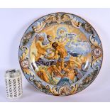 A 19TH CENTURY ITALIAN MAJOLICA FAIENCE GLAZED POTTERY DISH painted with mythical scenes. 34 cm diam