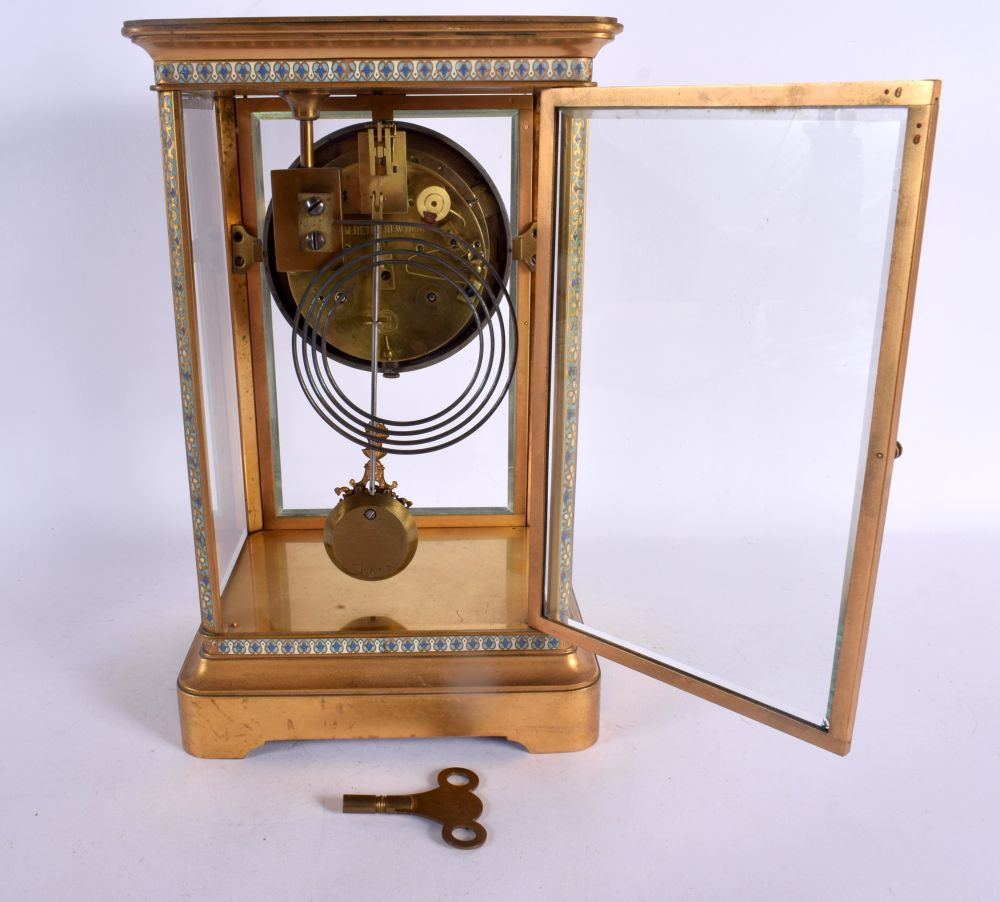 AN ANTIQUE CHAMPLEVE ENAMEL BRASS REGULATOR MANTEL CLOCK. 29 cm x 15 cm. - Image 4 of 6