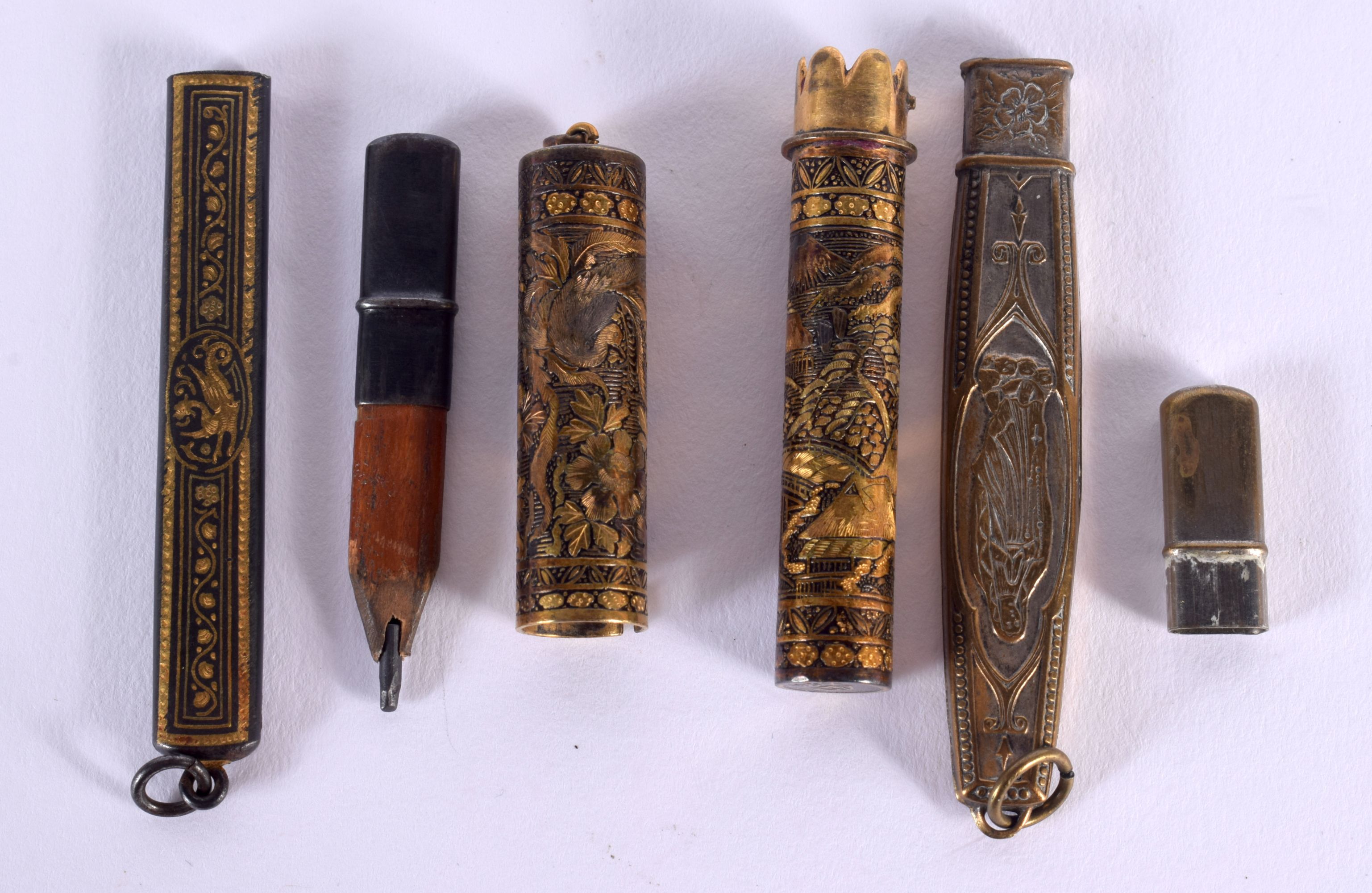 AN EARLY 20TH CENTURY JAPANESE MEIJI PERIOD MIXED METAL LEAD PENCIL HOLDER together with two others. - Image 3 of 3