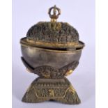 A RARE 19TH CENTURY TIBETAN RITUAL VESSEL AND COVER probably silver, decorated with foliage. 640 gra