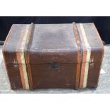 A Bon Marche Liverpool leather and wooden bound travel chest 54 x 86 x 51 cm