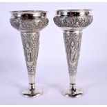 A PAIR OF 19TH CENTURY SOUTH EAST ASIAN INDIAN SILVER POSY VASES. 271 grams. 19 cm x 8 cm.