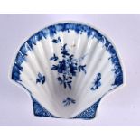 18th century Derby shell shaped pickle dish painted with flowers under a blue border, Weiss Collecti