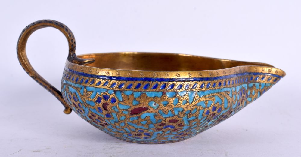 A RARE 18TH/19TH CENTURY INDIAN ISLAMIC MIDDLE EASTERN BRONZE OIL BURNER enamelled all over with fol