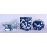 AN EARLY 20TH CENTURY CHINESE BLUE AND WHITE LOBED DISH together with a jar & pillow. Largest 23 cm