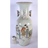 A LARGE CHINESE REPUBLICAN PERIOD TWIN HANDLED FAMILLE ROSE VASE painted with calligraphy. 55 cm x 1