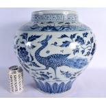 A LARGE CHINESE BLUE AND WHITE YUAN STYLE GUAN JAR 20th Century. 36 cm x 30 cm.