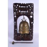 A LARGE LATE 19TH CENTURY CHINESE CARVED HARDWOOD BRONZE BELL STAND with carved horn hammer. 40 cm x
