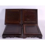 TWO PAIRS OF EARLY 20TH CENTURY CHINESE CARVED HARDWOOD SQUARE FORM STANDS Late Qing/Republic. 18 cm