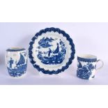 18th c. Caughley mug, a small plate and a tea canister all in the Fisherman pattern. Plate 18.5cm d