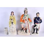 THREE LARGE ANTIQUE STAFFORDSHIRE FIGURES. Largest 46 cm x 18 cm. (3)