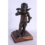 AN ANTIQUE EUROPEAN BRONZE FIGURE OF A PUTTI by L Kley. 19 cm high.