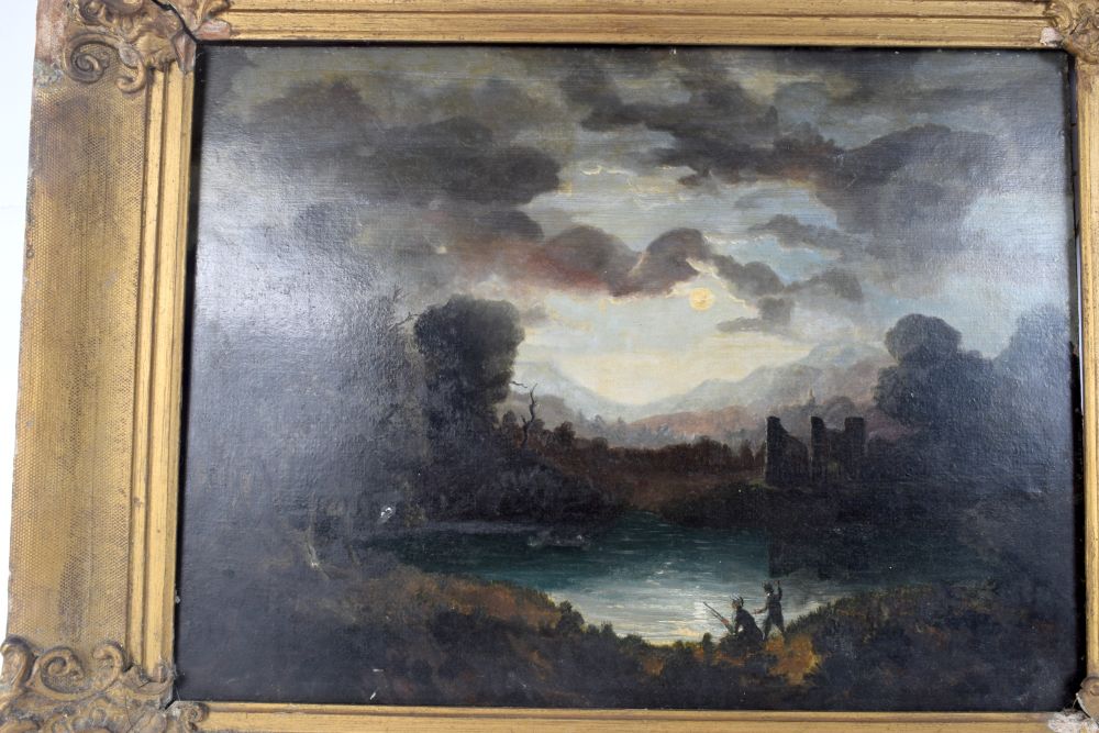 A framed 19th Century oil depicting persons fishing at a lake 37 x 50 cm - Image 4 of 5