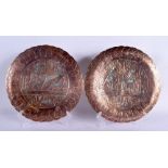 A PAIR OF 19TH CENTURY MIDDLE EASTERN EGYPTIAN STYLE SILVER INLAID DISHES decorated with figures. 22