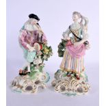 18th century fine Derby pair of musician figures he with a fife and tabor and she with a triangle bo