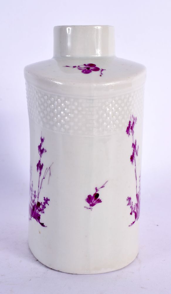 AN 18TH CENTURY GERMAN PORCELAIN TEA CANISTER painted in puce with landscapes. 12 cm x 8 cm. - Image 3 of 5