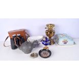 A Miscellaneous collection brass oil lamp,Stafforshire porcelain cheese dish, cased binoculars, Pew