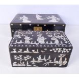 A large Japanese jewellery box with mother of pearl inserts together with a Chinese lidded box with