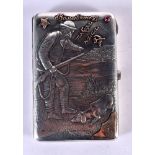 CONTINENTAL SILVER CIGARETTE CASE DECORATED WITH A RUSSIAN HUNTER AND HIS DOG. 11.6cm x 7.9cm x 1.6