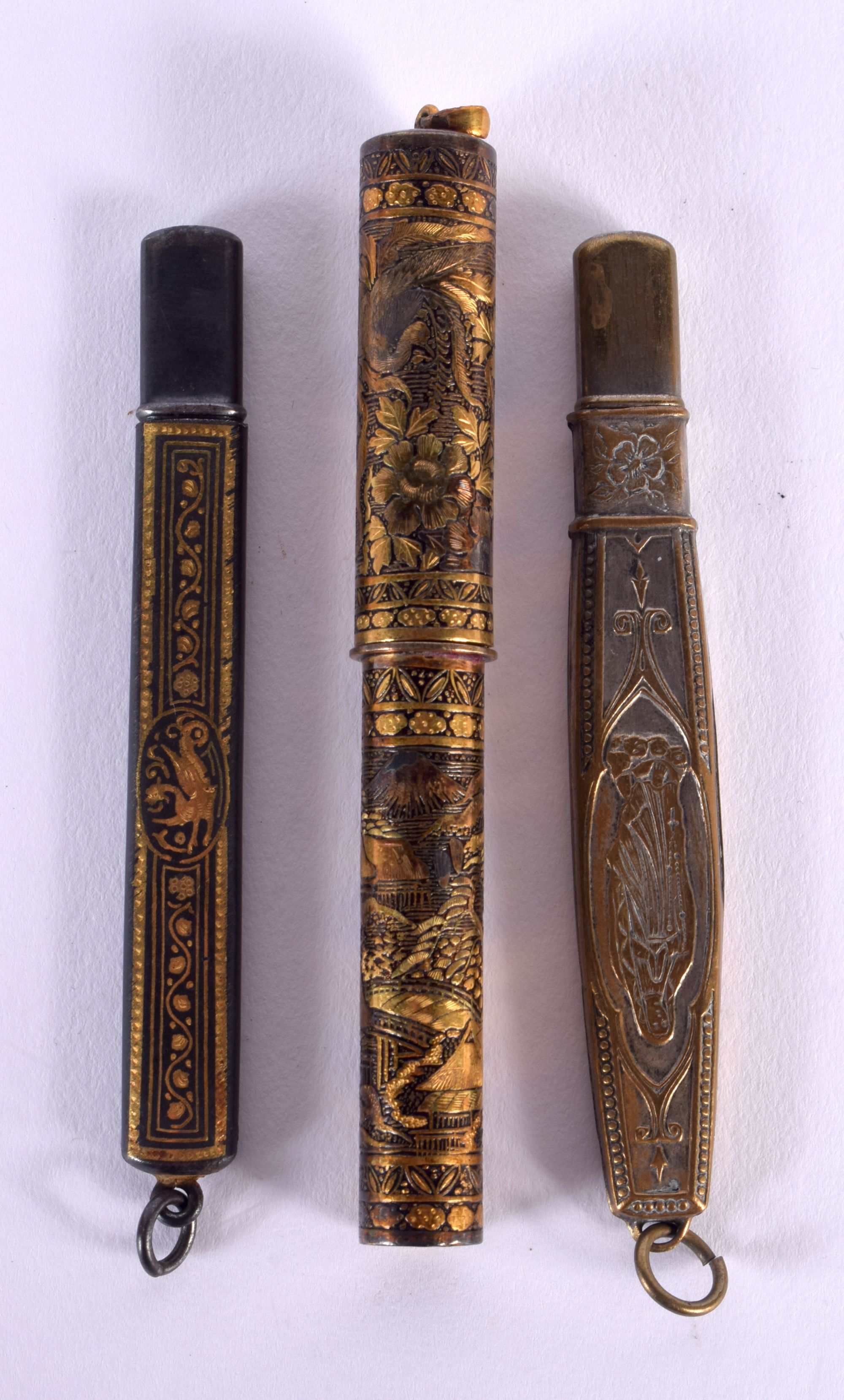 AN EARLY 20TH CENTURY JAPANESE MEIJI PERIOD MIXED METAL LEAD PENCIL HOLDER together with two others. - Image 2 of 3