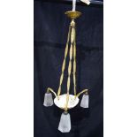 An alabaster art deco gilded three arm chandelier