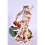 18th century Derby figure of Neptune standing astride a dolphin. 16cm high