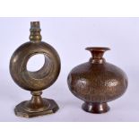 AN 18TH/19TH CENTURY MIDDLE EASTERN ROSE WATER SPRINKLER together with a copper alloy vase. Largest