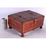 A 19TH CENTURY INDIAN RED LACQUERED WOOD MARRIAGE CASKET painted with figures. 32 cm x 25 cm.