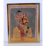 A framed early Indian watercolour of a Mughal ruler 24 x 19 cm.