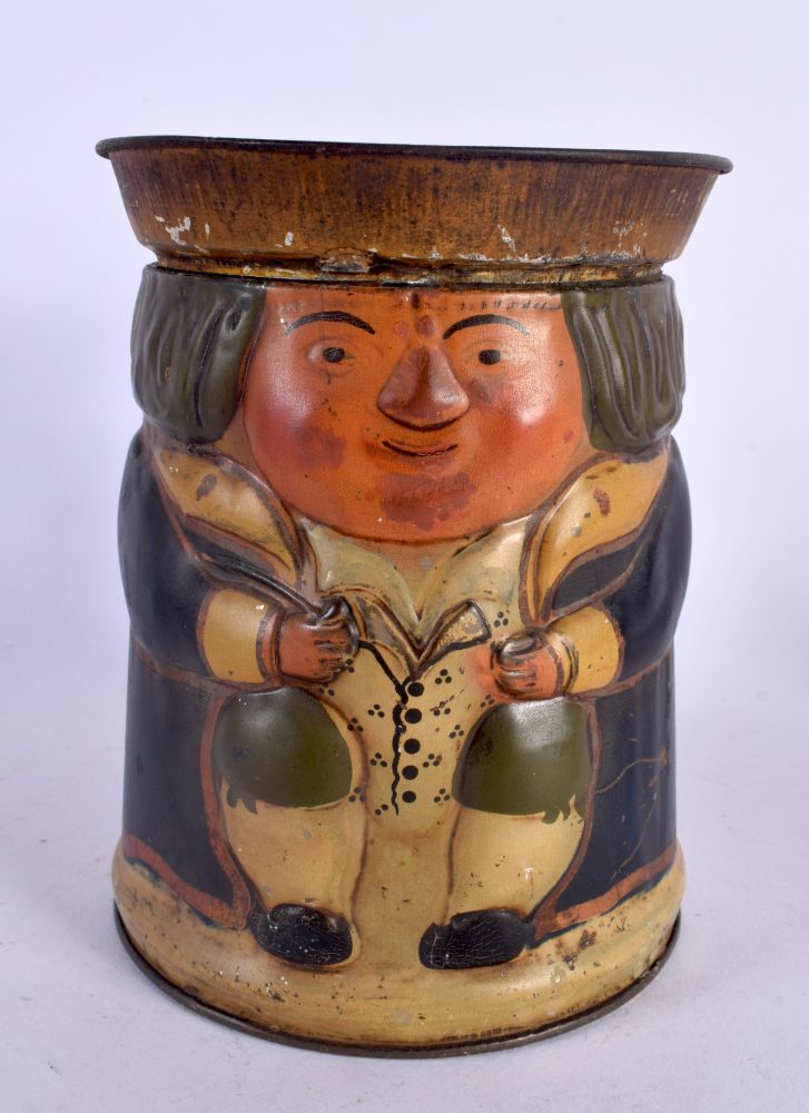 A HUNTLEY AND PALMERS TOBY JUG BISCUIT TIN AND COVER. 17 cm x 10 cm.