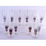 A STYLISH SET OF BLOCK MULTI COLOURED STEMMED WINE GLASSES. 22 cm high. (12)