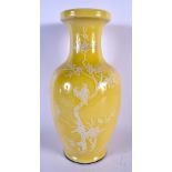 A CHINESE REPUBLICAN PERIOD YELLOW GLAZED PORCELAIN VASE enamelled with birds. 35 cm x 15 cm.