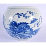 A CHINESE BLUE AND WHITE PORCELAIN JARDINIERE 20th Century, painted with a beast. 18 cm x 16 cm.