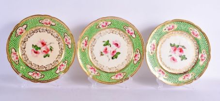 A SET OF THREE EARLY 19TH CENTURY ENGLISH PORCELAIN PLATES decorated with raised green enamels and r